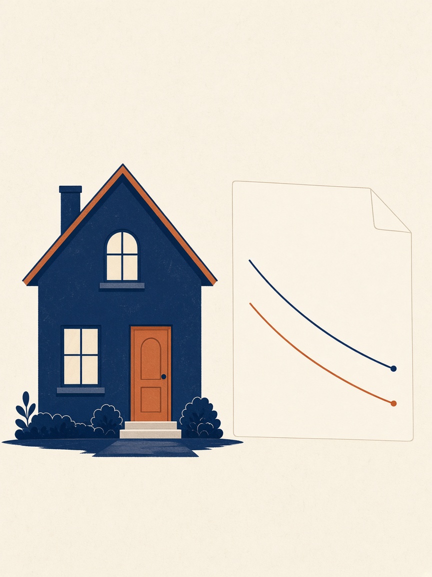 A navy house beside a sheet showing a loan balance falling over time.