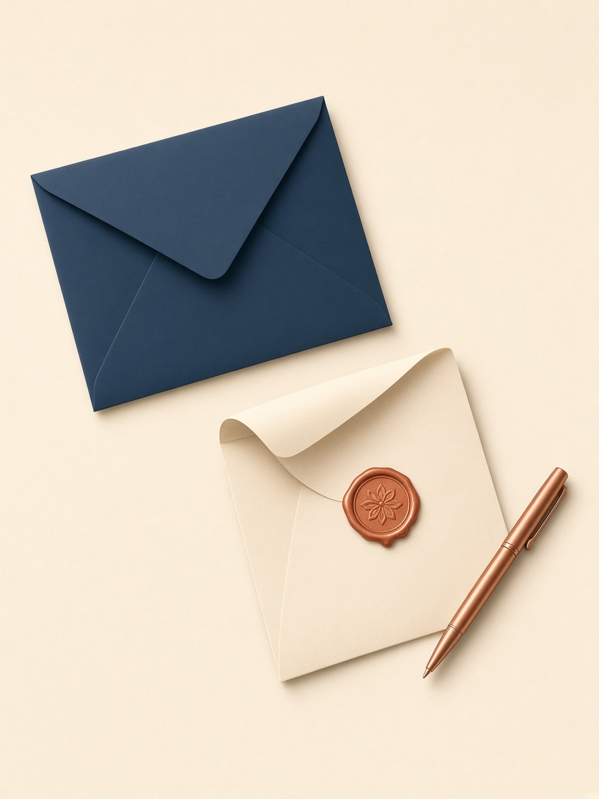 A navy envelope, a cream letter with a copper seal, and a copper pen.